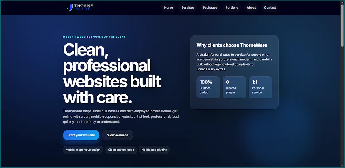 Screenshot of the ThorneWare website homepage showing the hero section and navigation